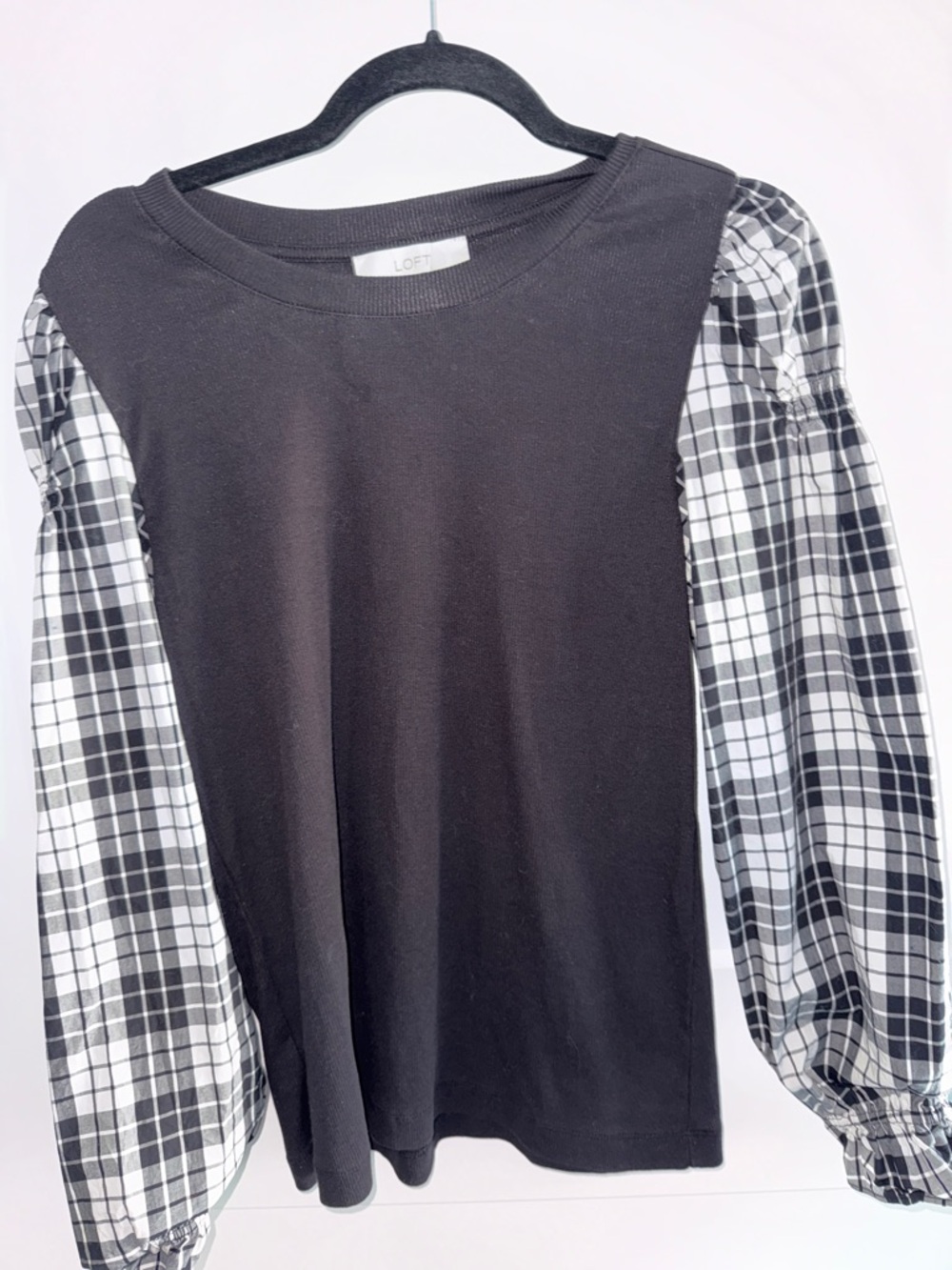 LOFT Black Top with Black and White Plaid Puff Sleeves - Picture 5 of 6